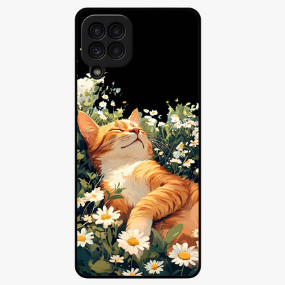 Blissful Bloom Cat Glass Case showing flat back view with cute cat and floral bloom artwork and glossy glass finish.