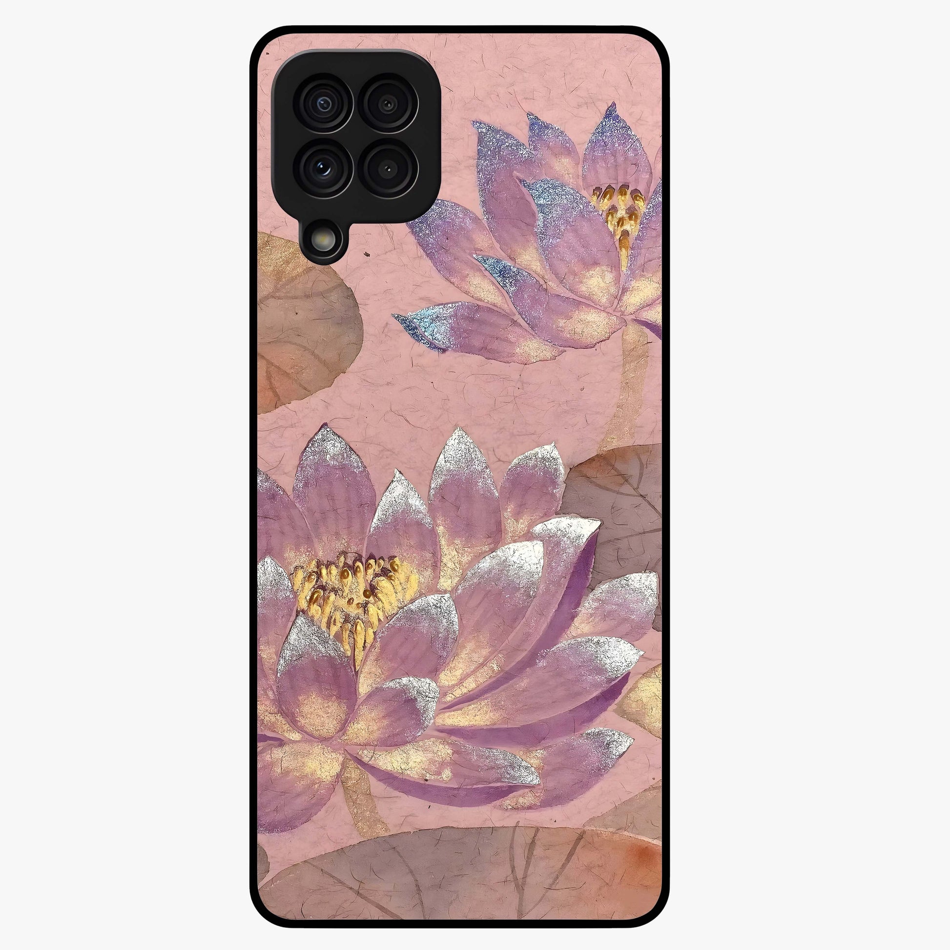 Blossom Mist Lotus Glass Case showing flat back view with serene lotus blossom artwork and glossy glass finish.