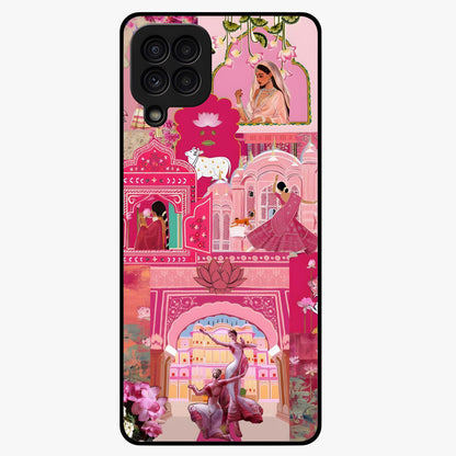 Blossoms of Rajasthan Glass Case showing flat back view with traditional floral artwork inspired by Rajasthan and glossy glass finish.