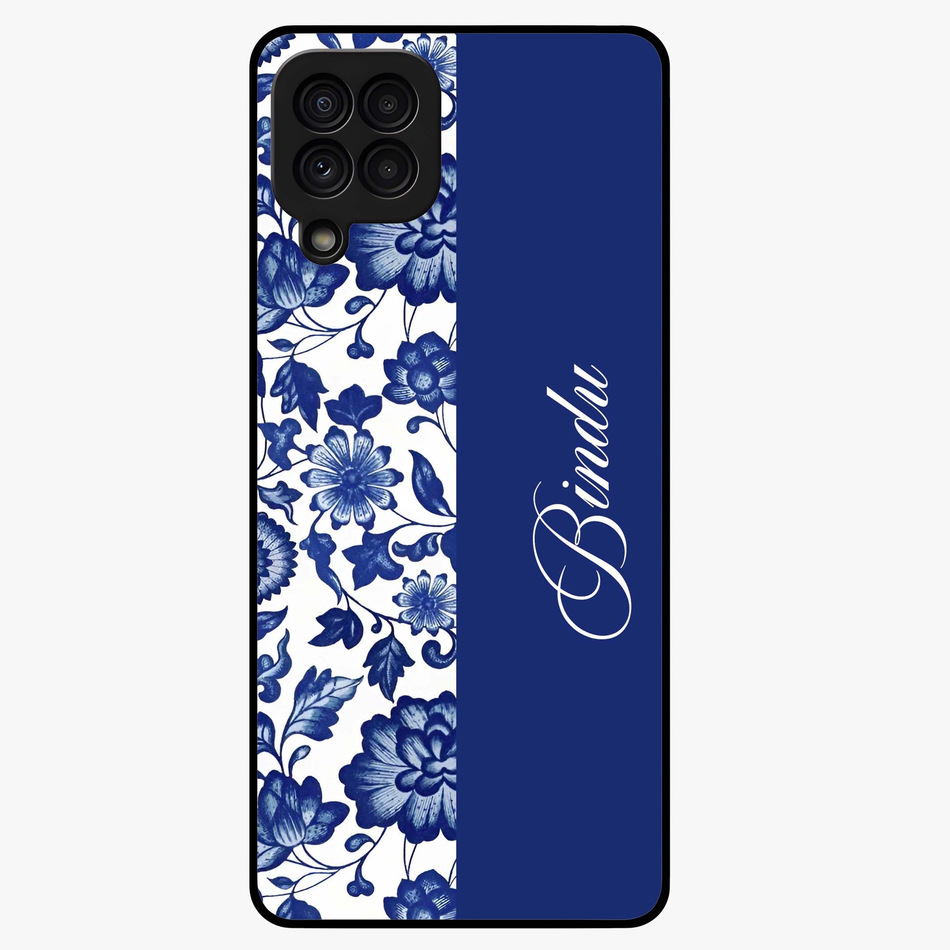 Blue Vintage Floral Pattern Glass Case upright view showcasing timeless floral illustration with vintage inspired style.