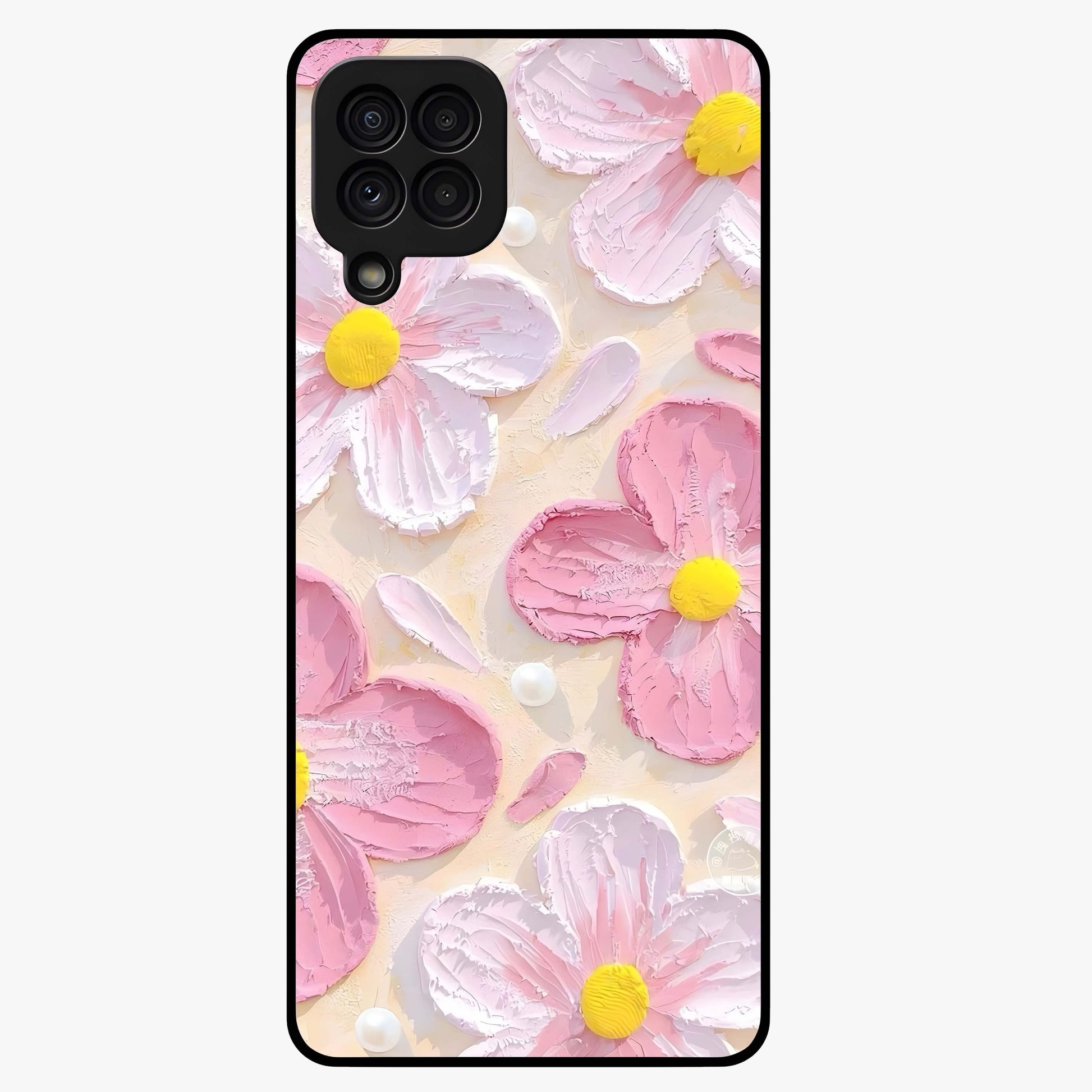 Blush Bloom Texture Glass Case showing flat back view with soft blush floral texture artwork and glossy glass finish.