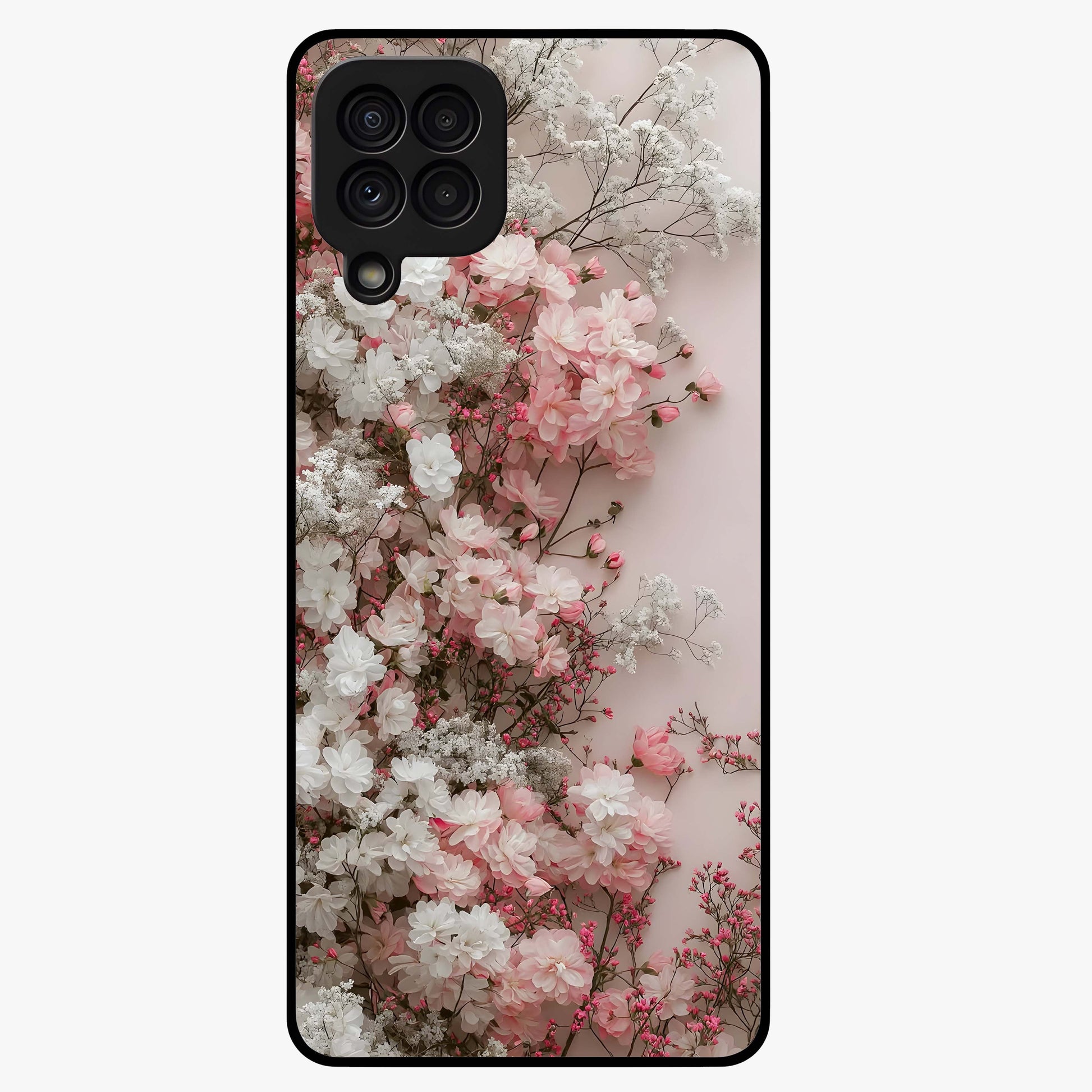 Blush Blossom Cloud Glass Case showing flat back view with dreamy blush cloud blossom artwork and glossy glass finish.