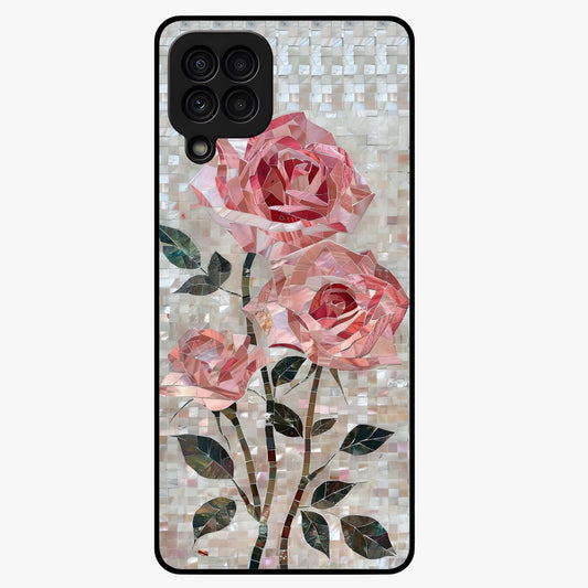 Blush Mosaic Bloom Glass Case showing flat back view with mosaic floral bloom artwork and glossy glass finish.