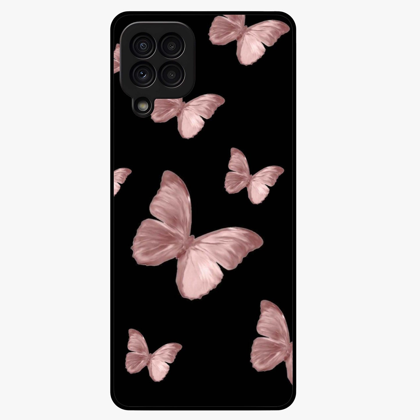 Butterfly Pattern Glass Case showing flat back view with elegant butterfly pattern artwork and glossy glass finish.