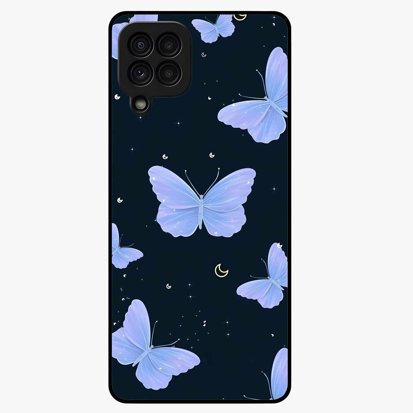 Butterfly With Stars Pattern Glass Case showing flat back view with butterfly and star pattern artwork and glossy glass finish.