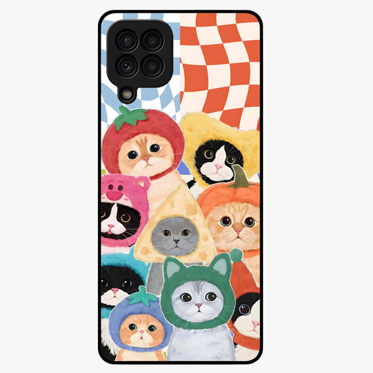 Cats in Fruits Glass Case showing flat back view with playful cat illustrations inside fruit artwork and glossy glass finish.