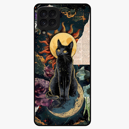 Celestial Black Cat Glass Case showing flat back view with mystical black cat artwork and glossy glass finish.