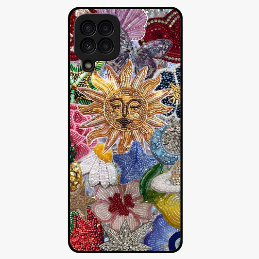 Celestial Floral and Playful Glass Case showing flat back view with floral and celestial themed artwork and glossy glass finish.