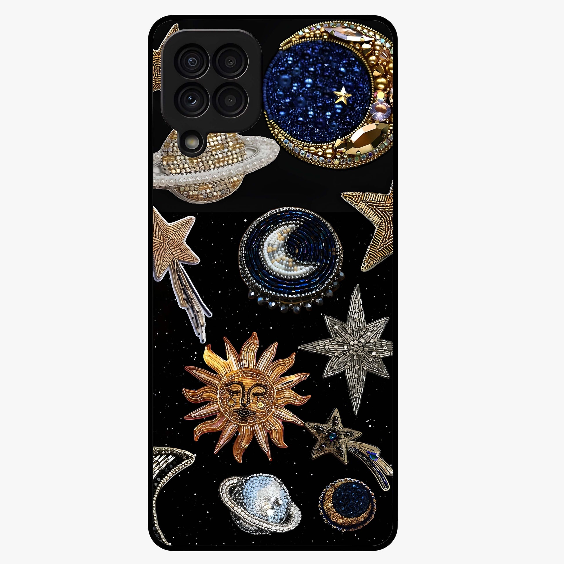 Celestial Gem Constellations Glass Case showing flat back view with sparkling constellation artwork and glossy glass finish.