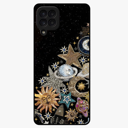 Cosmic Sparkle Dreams Glass Case showing flat back view with sparkling cosmic artwork and glossy glass finish.