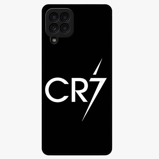 Cr7 Elite Strike Glass Case showing flat back view with dynamic football inspired artwork and glossy glass finish.