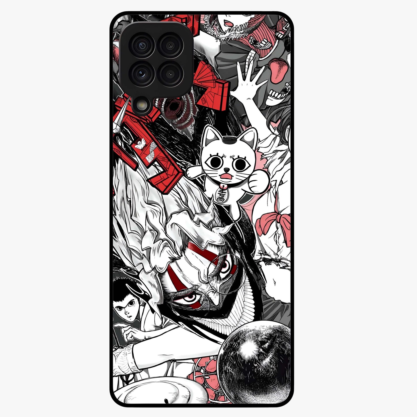 Crimson Chaos Panel Glass Case showing flat back view with bold crimson abstract artwork and glossy glass finish.
