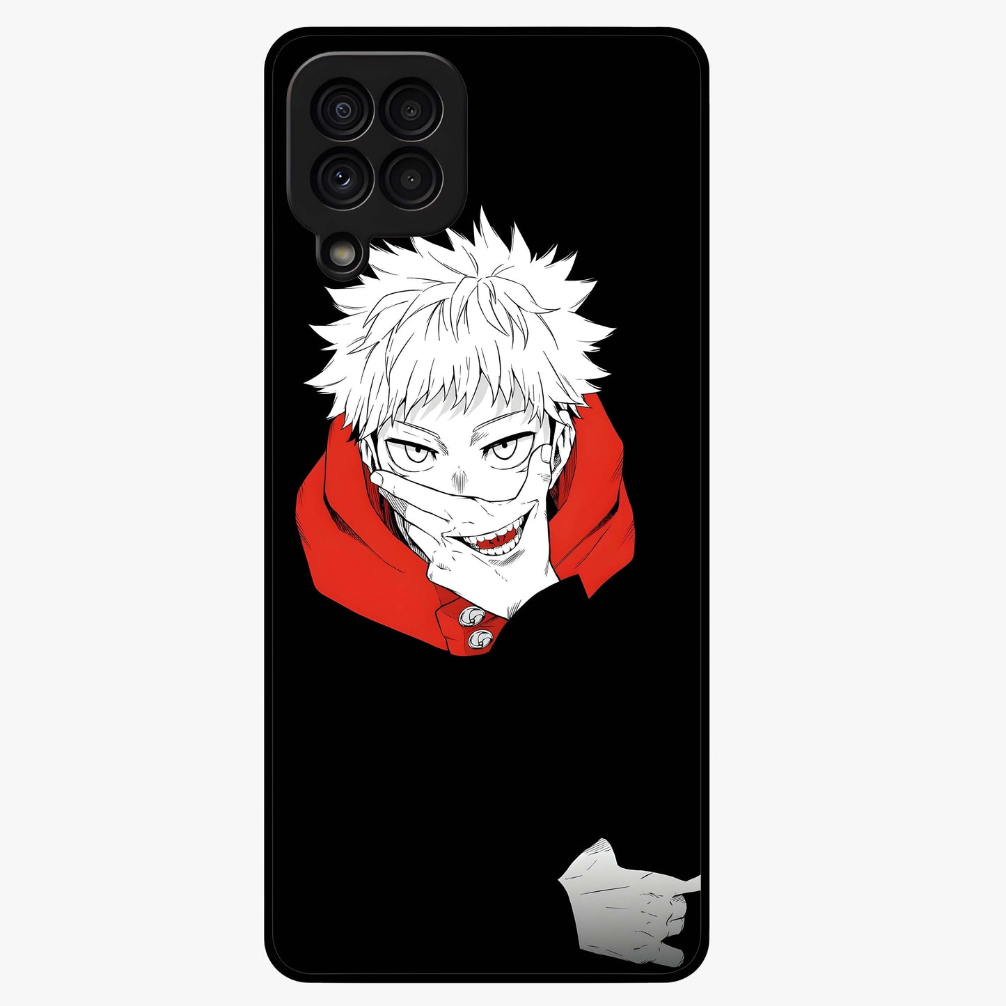 Crimson Chaos Smile Glass Case showing flat back view with bold chaotic smile artwork and glossy glass finish.