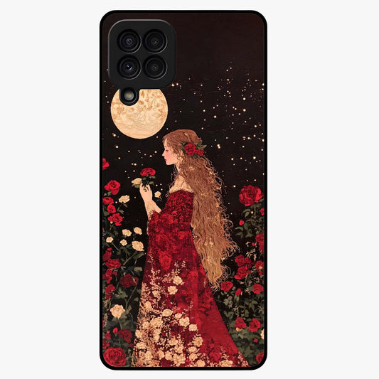 Crimson Dreams Glass Case showing flat back view with dreamy crimson artwork and glossy glass finish.