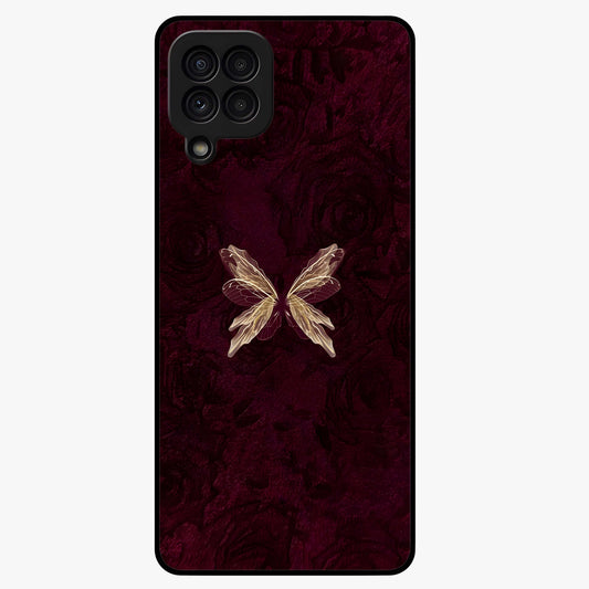 Crimson Fade Butterfly Glass Case showing flat back view with fading butterfly artwork and glossy glass finish.