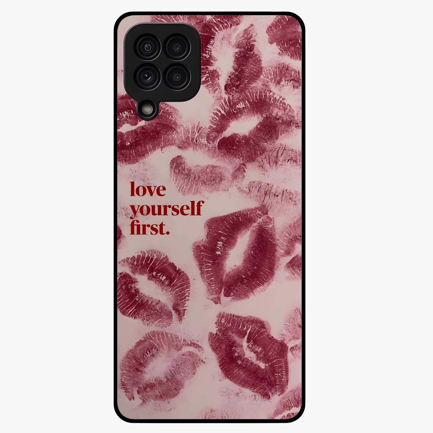 Crimson Kiss Love Glass Case showing flat back view with romantic crimson themed artwork and glossy glass finish.