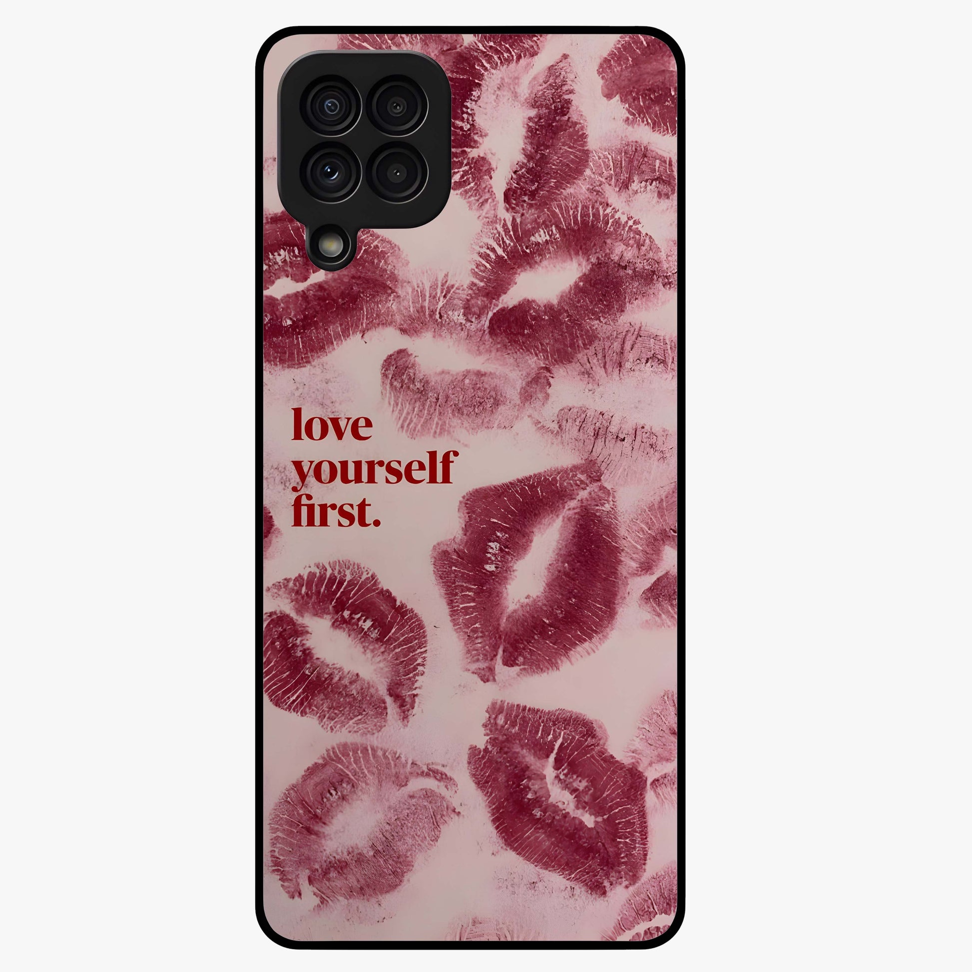 Crimson Kiss Love Glass Case showing flat back view with romantic crimson themed artwork and glossy glass finish.