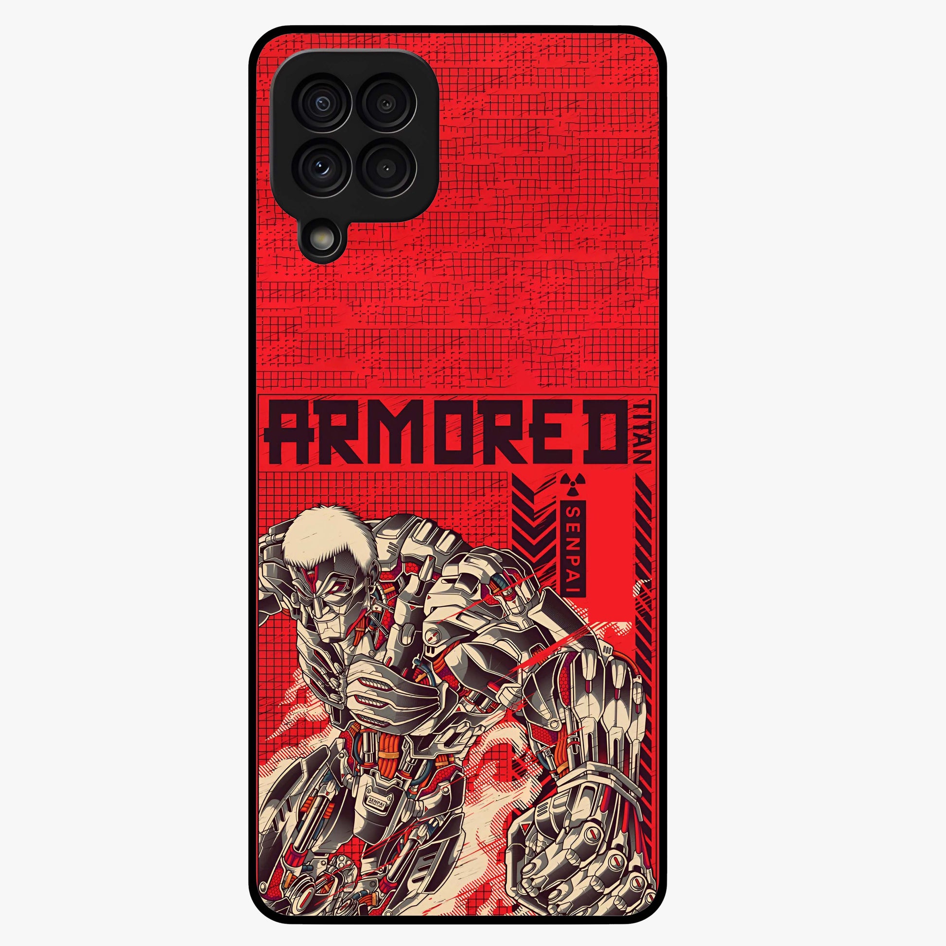 Crimson Mecha Titan Glass Case showing flat back view with powerful mech titan artwork and glossy glass finish.