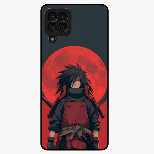 Crimson Moon Warlord Glass Case showing flat back view with mystical moon warrior artwork and glossy glass finish.
