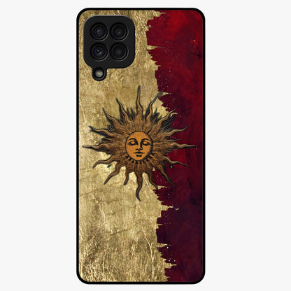 Crimson Sun Majesty Glass Case showing flat back view with radiant sun inspired artwork and glossy glass finish.
