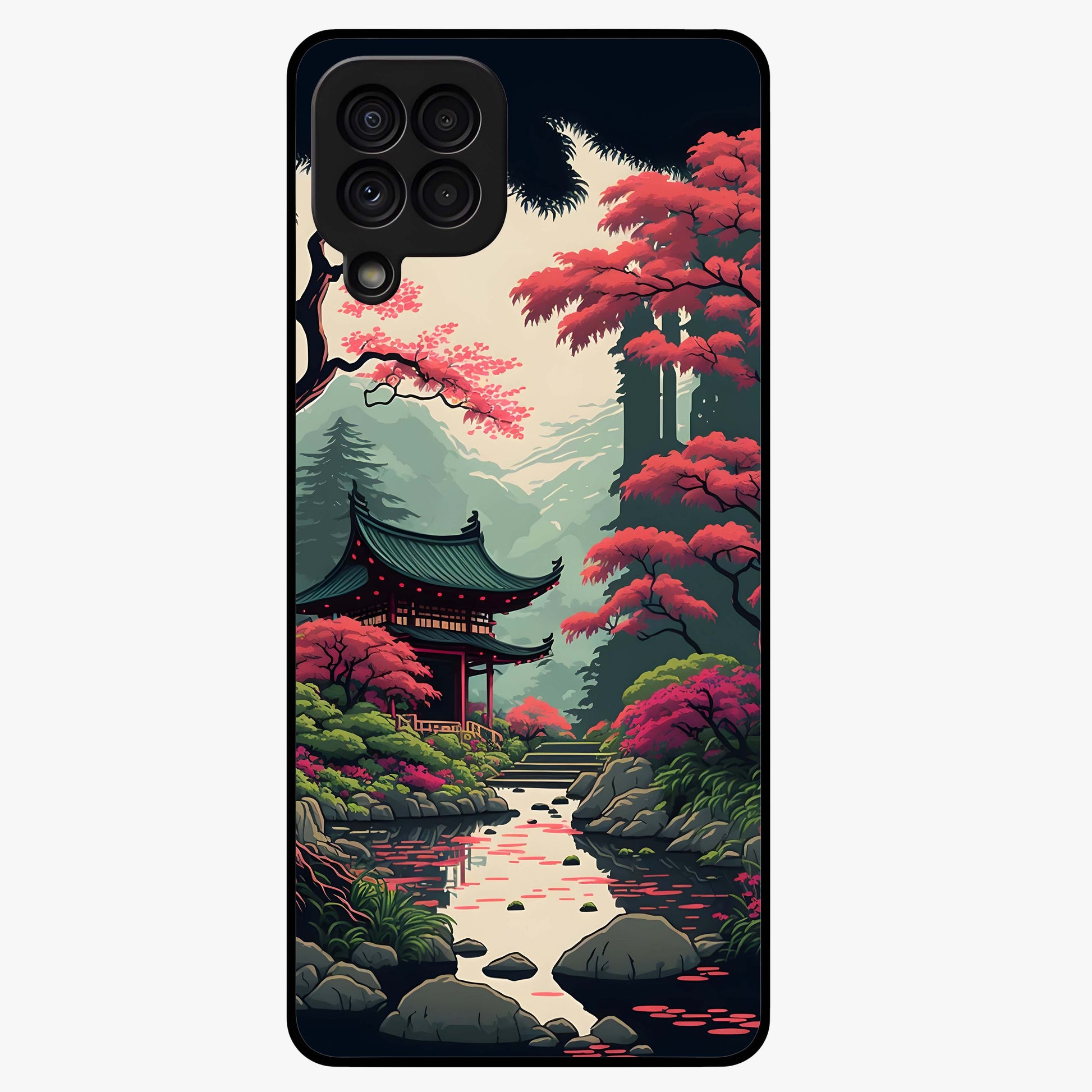 Crimson Temple View Glass Case showing flat back view with temple inspired artwork and glossy glass finish.