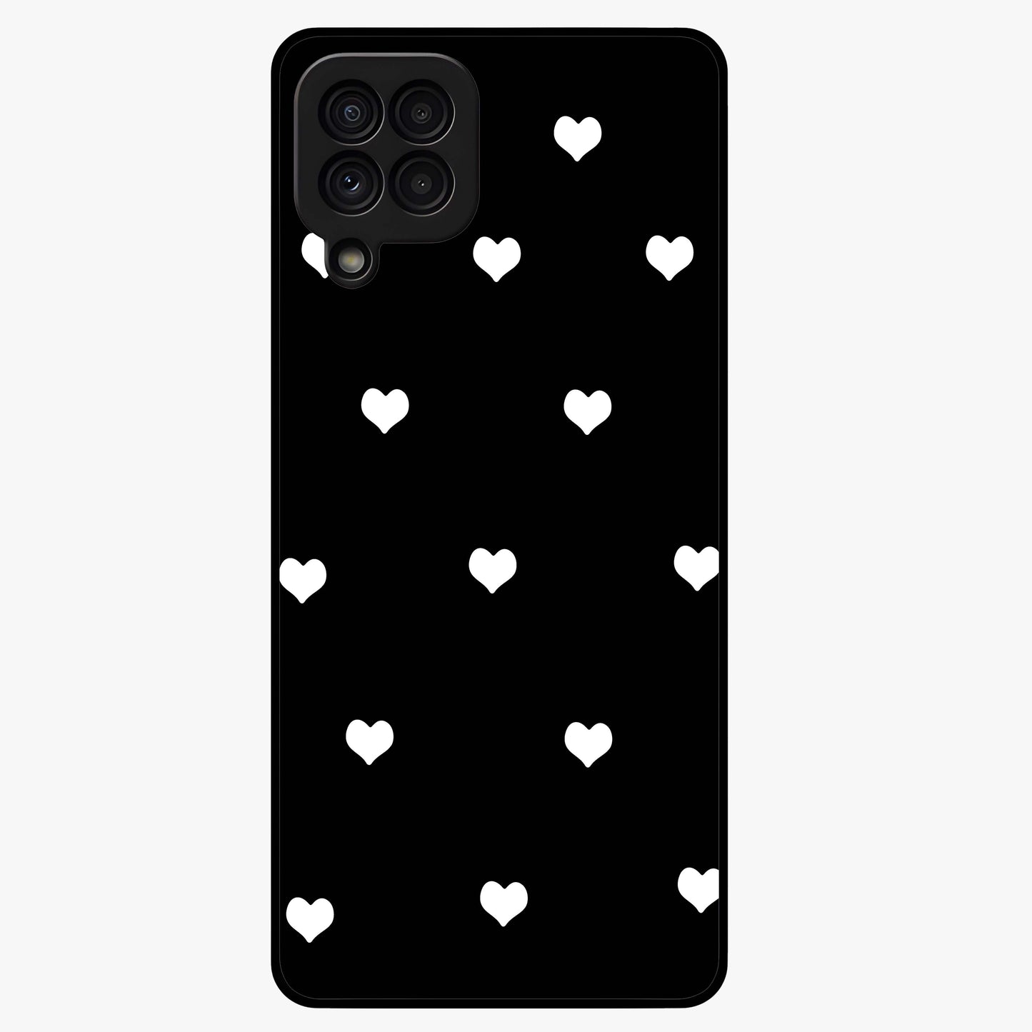 Cute And Simple White Hearts Glass Case showing flat back view with minimal white heart pattern and glossy glass finish.