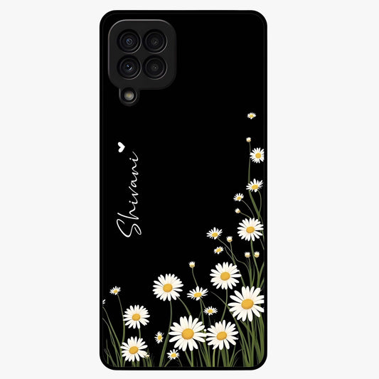 Daisy Cascade Custom Name Glass Case showing flat back view with cascading daisy flowers and personalized name design.