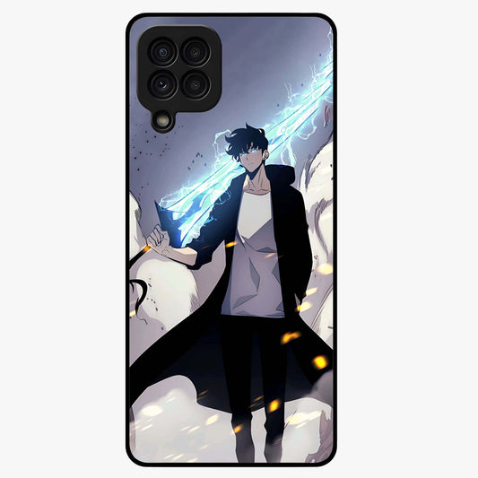 Dark Lightning Anime Warrior Glass Case showing flat back view with intense anime warrior artwork and glossy glass finish.