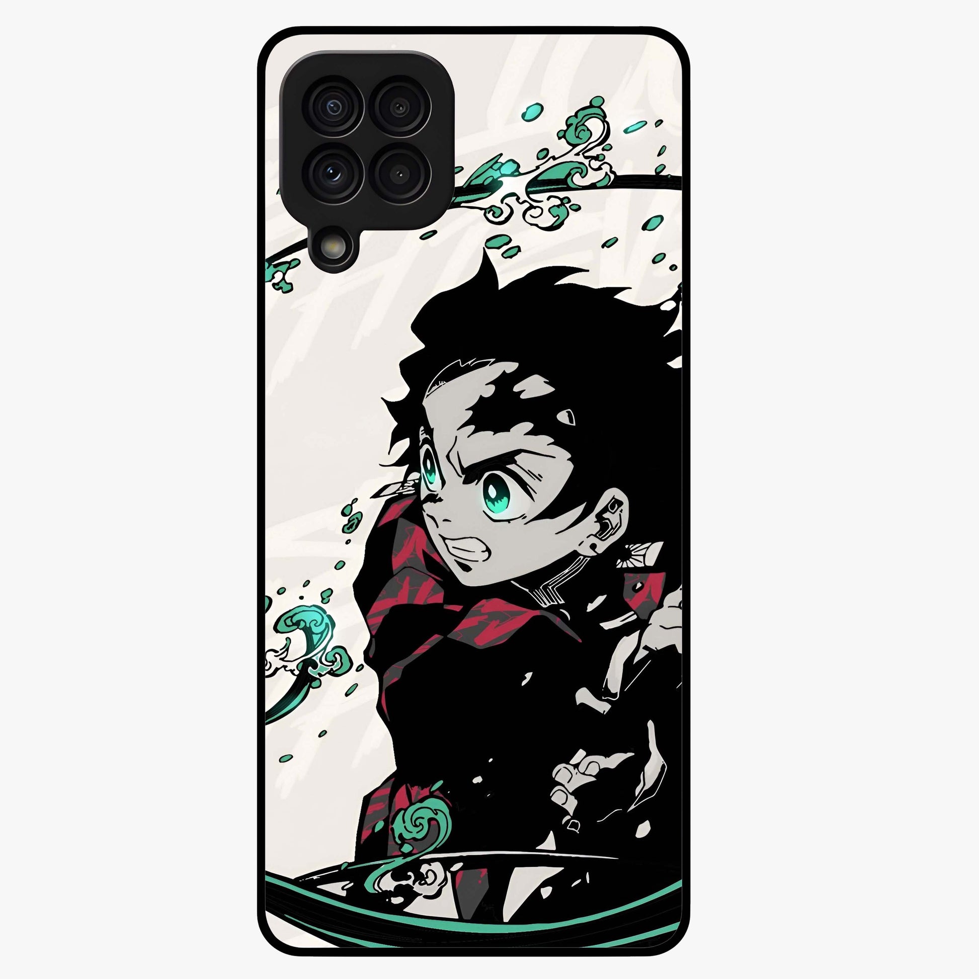 Demon Slayer Glass Case showing flat back view with bold anime inspired artwork and glossy glass finish.
