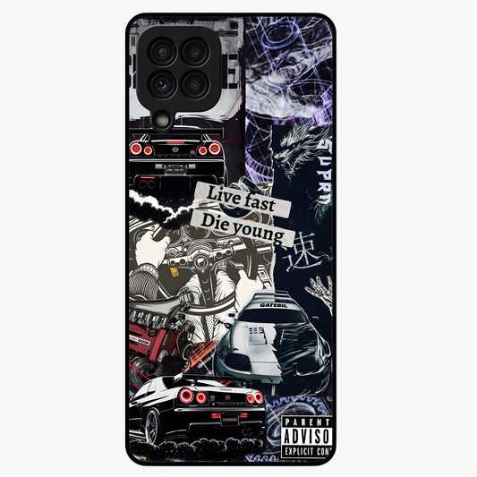 Die Young Glass Case showing flat back view with bold artistic typography design and glossy glass finish.