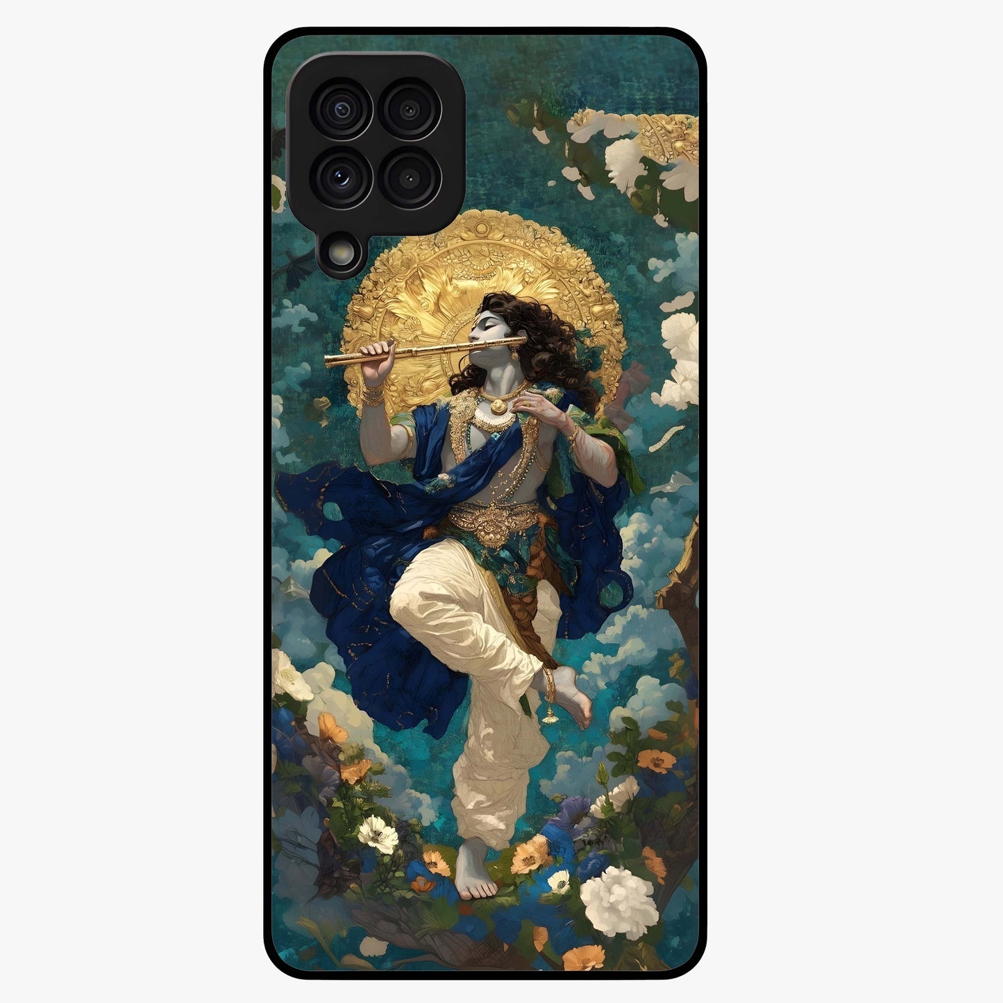 Divine Krishna Art Glass Case showing flat back view with Lord Krishna artwork and glossy glass finish.