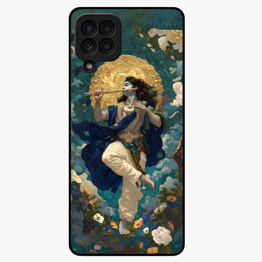 Divine Krishna Art Glass Case showing flat back view with Lord Krishna artwork and glossy glass finish.