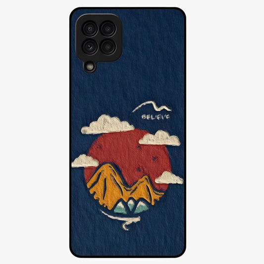 Dream Beyond Mountains Glass Case showing flat back view with scenic mountain landscape artwork and glossy glass finish.