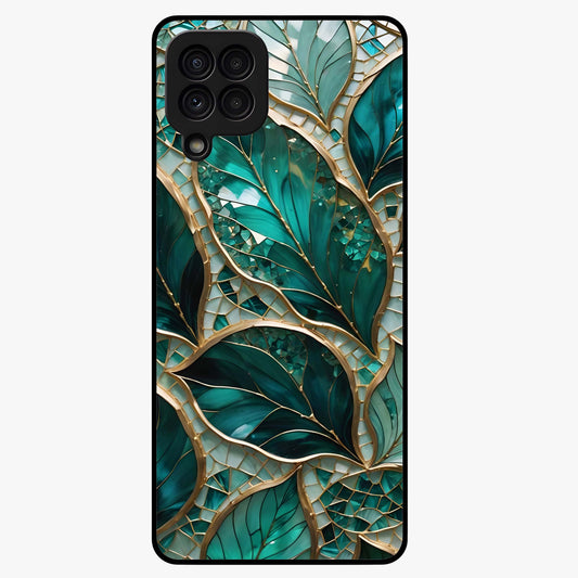 Emerald Leaf Glass Glass Case showing flat back view with emerald green leaf artwork and glossy glass finish.
