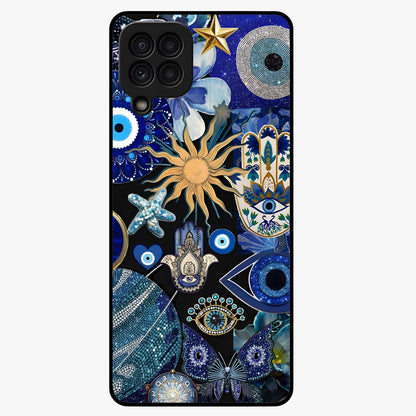 Evil Eye Charm Mix Glass Case showing flat back view with multiple evil eye charms artwork and glossy glass finish.