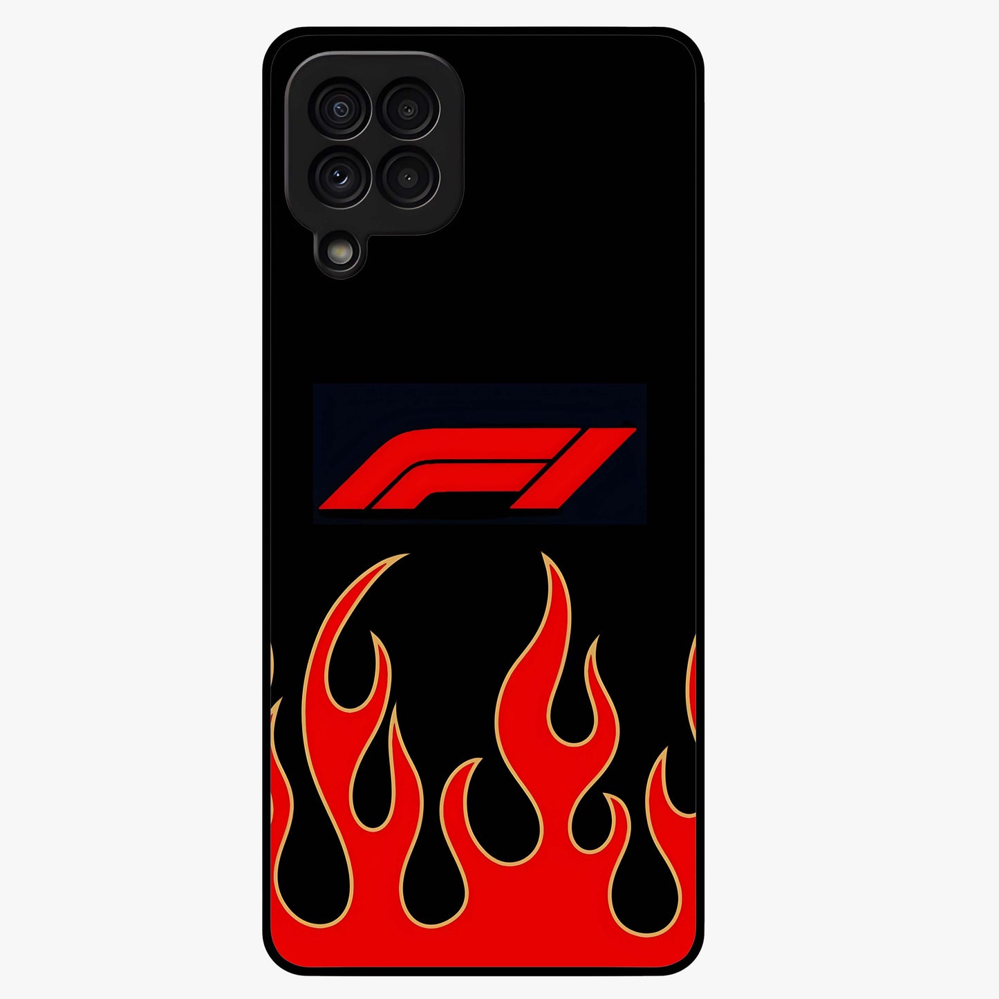 Fire F11 Glass Case showing flat back view with fiery themed artwork and glossy glass finish.