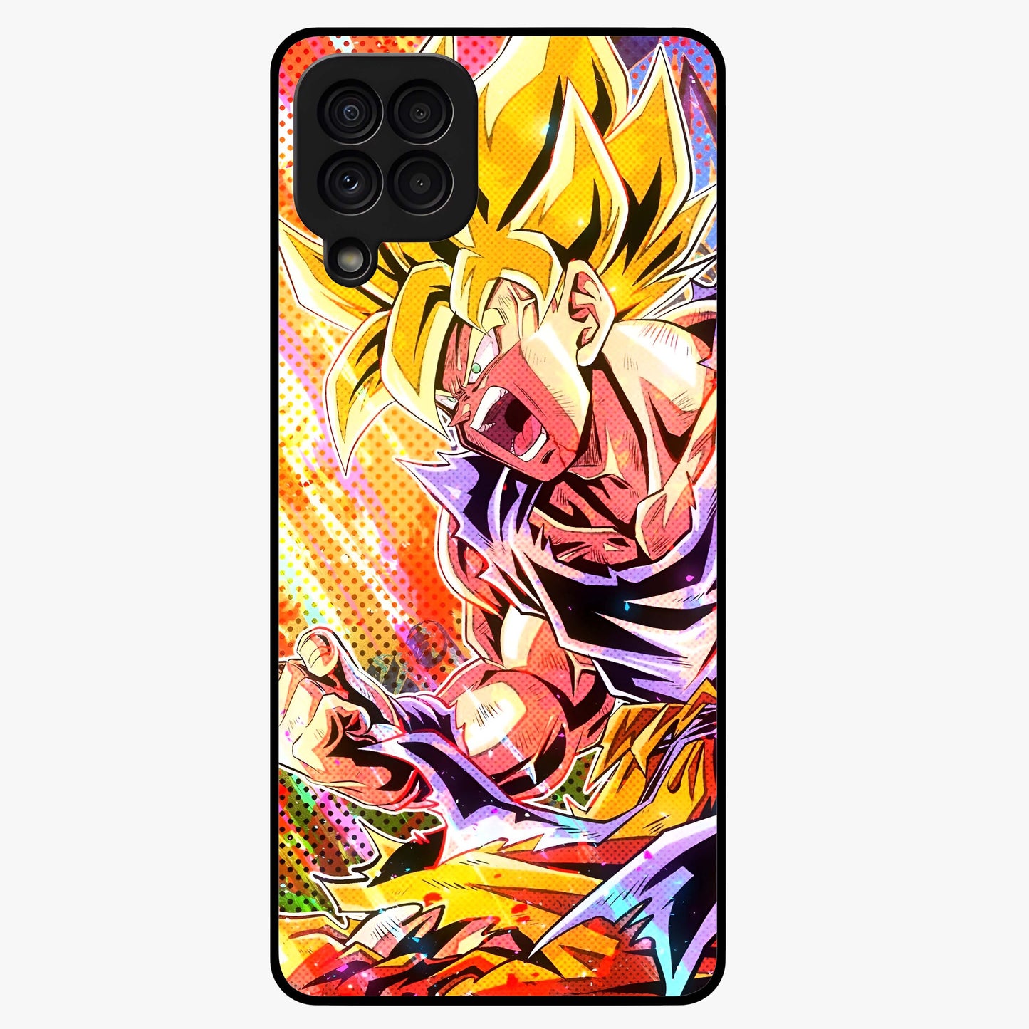 Firing Goku Glass Case showing flat back view with powerful anime inspired artwork and glossy glass finish.