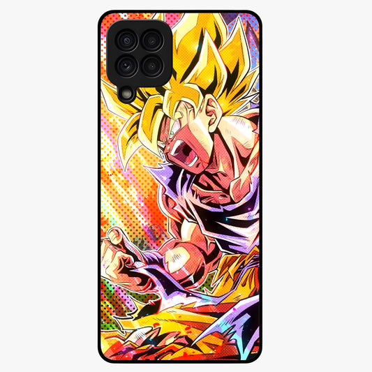 Firing Goku Glass Case showing flat back view with powerful anime inspired artwork and glossy glass finish.