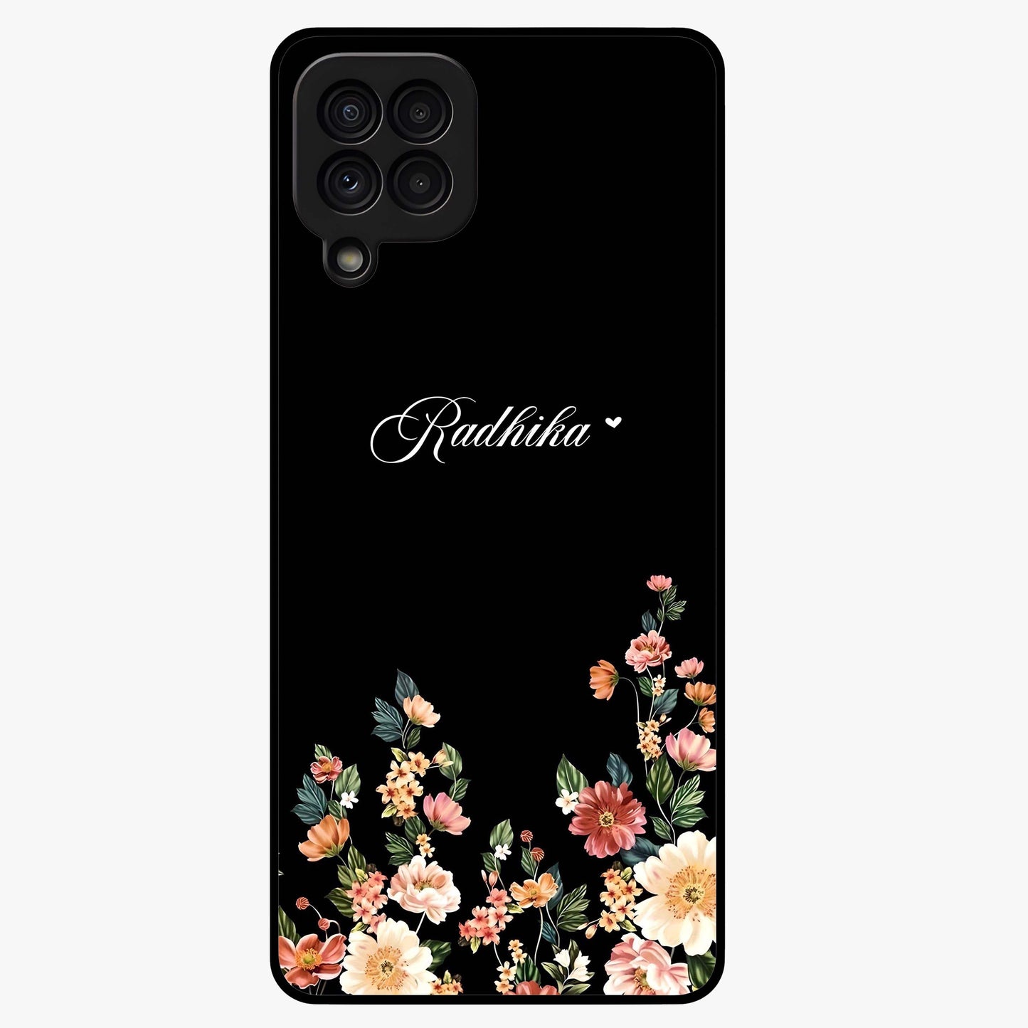 Floral Design With a Custom Personalized Name Glass Case showing flat back view with floral artwork and personalized name design.