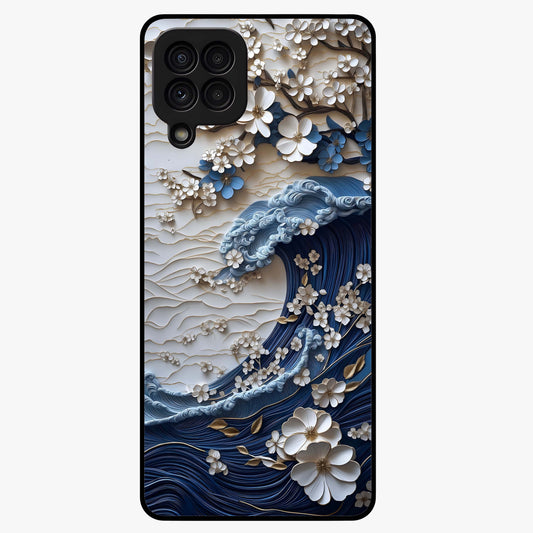 Floral Wave Origami Glass Case showing flat back view with origami inspired floral wave artwork and glossy glass finish.