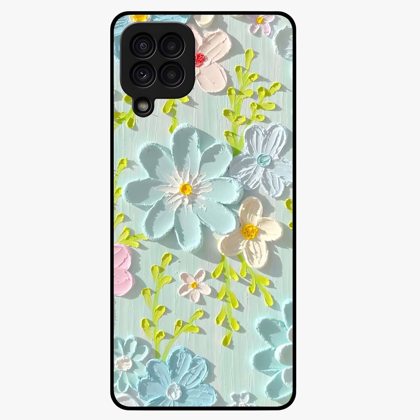 Frosted Petal Garden Glass Case showing flat back view with soft frosted floral artwork and glossy glass finish.