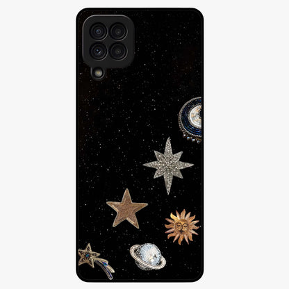Galactic Charm Glow Glass Case showing flat back view with glowing celestial charm artwork and glossy glass finish.