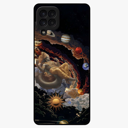 Galactic Divine God Glass Case showing flat back view with divine cosmic themed artwork and glossy glass finish.