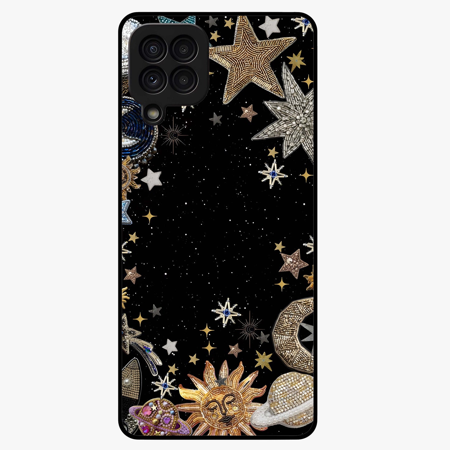 Galactic Jewel Stars Glass Case showing flat back view with sparkling star jewel artwork and glossy glass finish.
