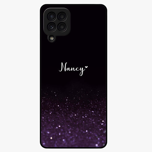 Glittery Purple Bokeh Custom Name Glass Case showing flat back view with purple bokeh sparkle artwork and personalized name design.