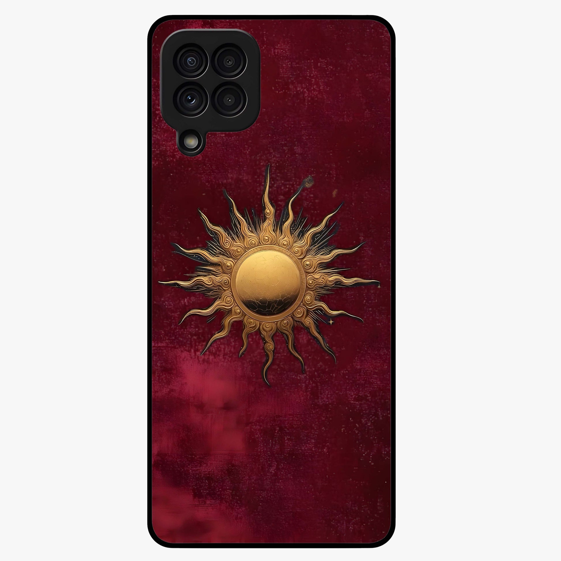 Gold Sun Blush Glass Case showing flat back view with golden sun inspired artwork and glossy glass finish.