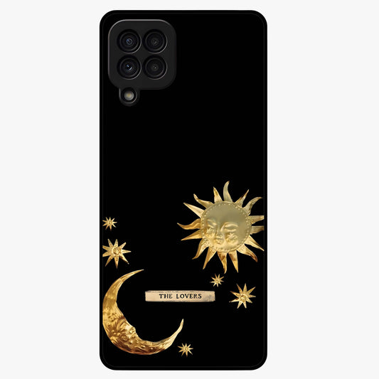 Golden Celestial Charm Glass Case showing flat back view with golden celestial charm artwork and glossy glass finish.