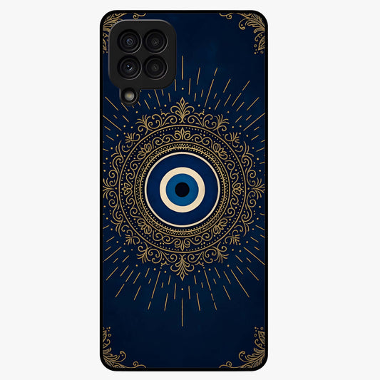Golden Evil Eye Mandala Glass Case showing flat back view with intricate evil eye mandala artwork and glossy glass finish.