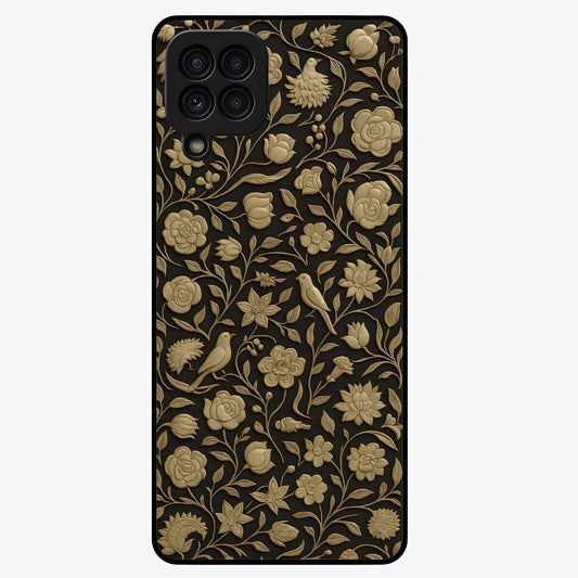 Golden Floral Majesty Glass Case showing flat back view with luxurious golden floral artwork and glossy glass finish.