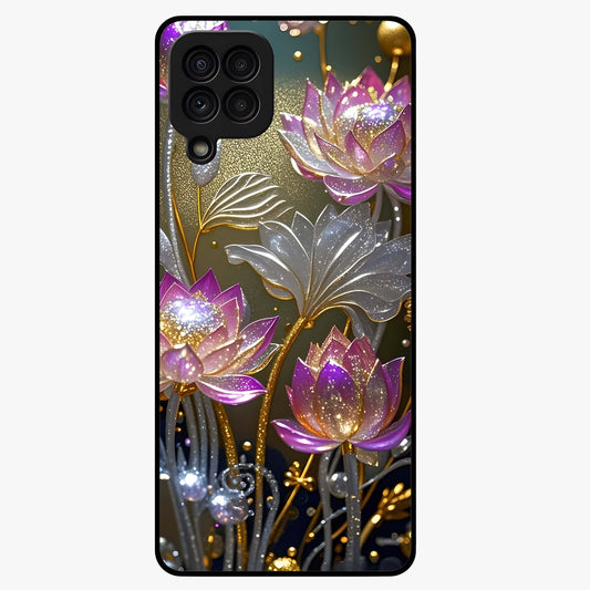 Golden Lotus Glow Glass Case showing flat back view with glowing lotus flower artwork and glossy glass finish.